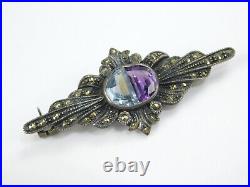 Vintage Art Deco Sterling Silver Amethyst Blue Topaz Marcasite Brooch Pin 1.25