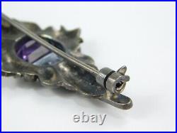 Vintage Art Deco Sterling Silver Amethyst Blue Topaz Marcasite Brooch Pin 1.25