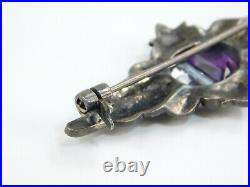 Vintage Art Deco Sterling Silver Amethyst Blue Topaz Marcasite Brooch Pin 1.25