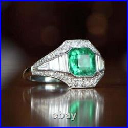 Vintage Art Deco Style 2.2Ct Emerald & Diamond Wedding 14K White Gold Over Ring