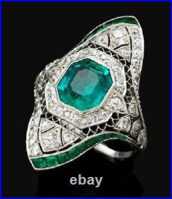 Vintage Art Deco Style 2.75Ct Lab Created Emerald Engagement Wedding Silver Ring