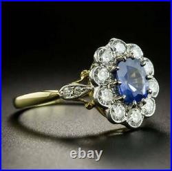 Vintage Art Deco Style Oval Cut Blue Sapphire Engagement 14K Yellow Gold FN Ring