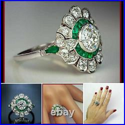 Vintage Art Deco Style Round Cut Lab-Created Diamond & Emerald 925 Silver Ring