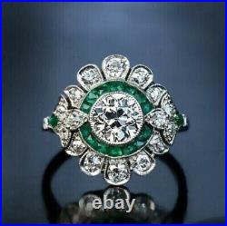 Vintage Art Deco Style Round Cut Lab-Created Diamond & Emerald 925 Silver Ring