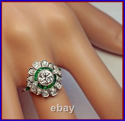 Vintage Art Deco Style Round Cut Lab-Created Diamond & Emerald 925 Silver Ring