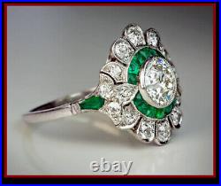 Vintage Art Deco Style Round Cut Lab-Created Diamond & Emerald 925 Silver Ring