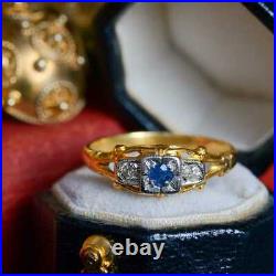 Vintage Art Deco Three Stone Ring 14K Yellow Gold Plated 1.48 Ct VVS1 Sapphire