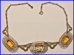 Vintage Art Deco Topaz Rhinestone Panel Necklace