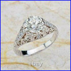 Vintage Art Deco Wedding Filigree Ring 2.12 Ct Round Diamond 14K White Gold Over