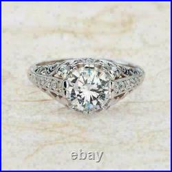 Vintage Art Deco Wedding Filigree Ring 2.12 Ct Round Diamond 14K White Gold Over