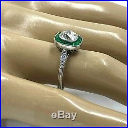 Vintage Art Deco platinum diamond & emerald engagement ring, diamond halo ring