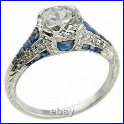 Vintage Art Deco2.35CT Lab Created Diamond & Sapphire Engagement 925 Silver Ring