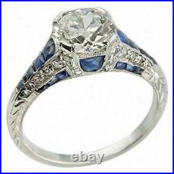 Vintage Art Deco2.35CT Round Lab Created Diamond & Sapphire Engagement Ring