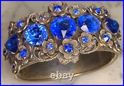 Vintage CZECH Brass Art Deco Filigree Cobalt Blue Rhinestone Cuff Hinge Bracelet
