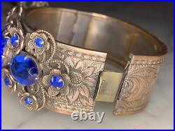 Vintage CZECH Brass Art Deco Filigree Cobalt Blue Rhinestone Cuff Hinge Bracelet