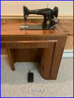 Vintage Electric Singer Sewing Machine 201k Art Deco Walnut cabinet withbench
