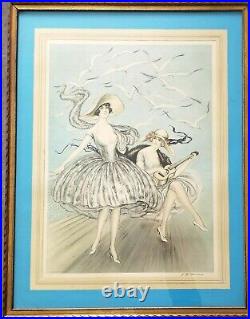 Vintage FG Henri Art Deco Print Women with Seagulls Music Beach Framed c1930 27x21