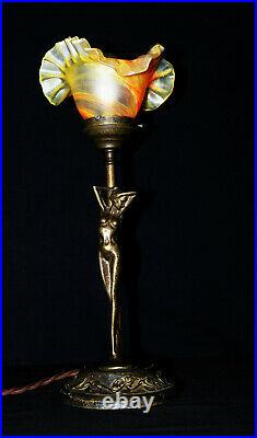 Vintage French 1940s art deco bronze figural lamp nude female Vienne shade