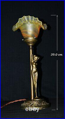 Vintage French 1940s art deco bronze figural lamp nude female Vienne shade