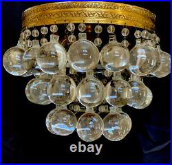 Vintage French Art Deco Brass Crystal Ball Wedding Cake Flush Mount Chandelier