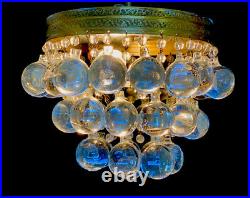 Vintage French Art Deco Brass Crystal Ball Wedding Cake Flush Mount Chandelier