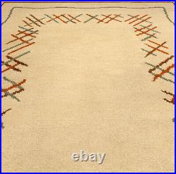 Vintage French Art Deco Ivory, Orange and Bluish Green Wool Rug BB4917