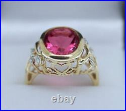 Vintage Jewelry Gold Ring Natural Diamonds & Rose Quartz Art Deco Jewellery R1/2
