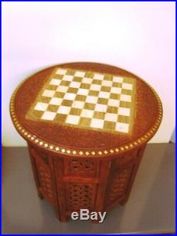 Vintage Look Chess Board Carved Inlaid Work Coffee Round Table Foldable Art Deco