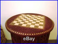 Vintage Look Chess Board Carved Inlaid Work Coffee Round Table Foldable Art Deco