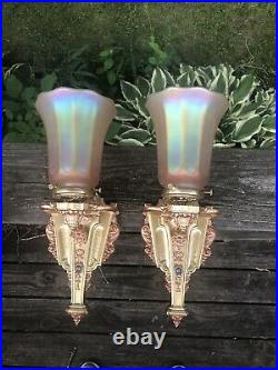 Vintage Pair Of 1920s Art Deco Riddle Design Co 1028 Wall Sconces W Shades