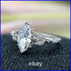 Vintage Perfect Art Deco Wedding Ring 2 Ct Marquise Diamond 14k White Gold Over
