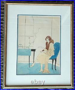 Vintage Print or Original Drawing Woman Fur Coffee Art Deco Signed L. C. Bolden
