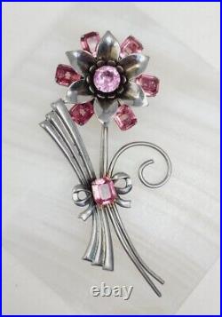 Vintage Sterling Silver Floral Brooch Pink Rhinestones Art Deco Flower Brooch
