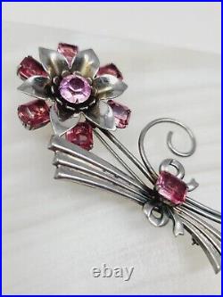 Vintage Sterling Silver Floral Brooch Pink Rhinestones Art Deco Flower Brooch