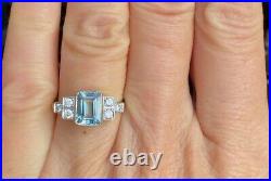 Vintage Style Art Deco Aquamarine & Diamond Ring 14K White Gold Finish 925 SS