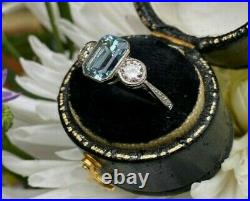 Vintage Style Art Deco Aquamarine & Diamond Ring 14K White Gold Over Silver