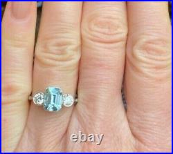 Vintage Style Art Deco Aquamarine & Diamond Ring 14K White Gold Over Silver