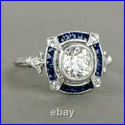 Vintage Style Art Deco Solid 925 Sterling Silver OEC & Blue Baguette Halo Ring