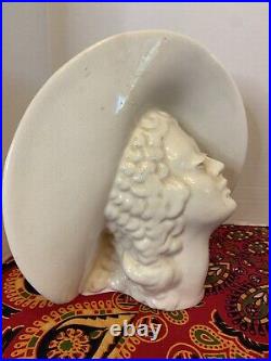 Vintage White Royal Haeger Head Vase Woman Brimmed Hat Art Deco Planter USA
