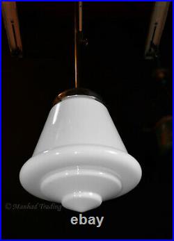 Vintage art deco C-1940s schoolhouse chrome & Opaline milk glass pendant light