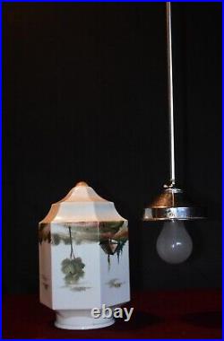 Vintage art deco hand-painted Opaline glass pendant ceiling light French C-1920s