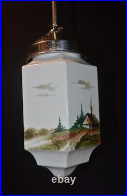 Vintage art deco hand-painted Opaline glass pendant ceiling light French C-1920s