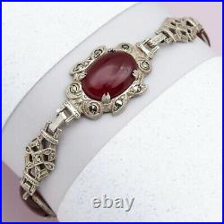 Vtg 1930s Art Deco Natural Carnelian Sterling Silver Marcasite Bracelet