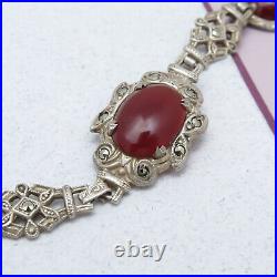 Vtg 1930s Art Deco Natural Carnelian Sterling Silver Marcasite Bracelet