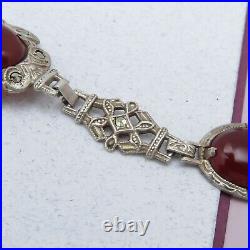 Vtg 1930s Art Deco Natural Carnelian Sterling Silver Marcasite Bracelet