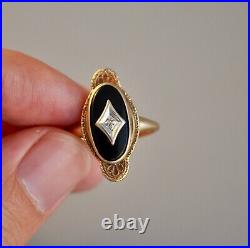 Vtg Antique Art Deco 10k Solid Gold Black Onyx & Natural Diamond Ring Filigree