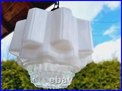 Vtg Art Deco Milk Glass Skyscraper Shade Ceiling Mount Light Fixture Schoolhouse