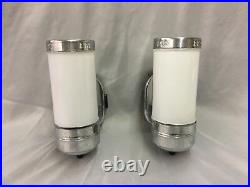 Vtg Chrome Brass Sconce Pair Cylinder Milk Glass Shade Art Deco Light 147-18J