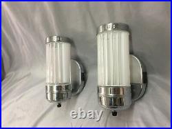 Vtg Chrome Brass Sconce Pair Cylinder Milk Glass Shade Art Deco Light 147-18J