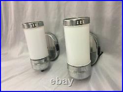 Vtg Chrome Brass Sconce Pair Cylinder Milk Glass Shade Art Deco Light 147-18J